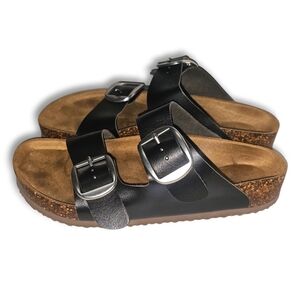 Time and Tru Black Double Buckle Cork Footbed Slide Sandals Women’s Size 8